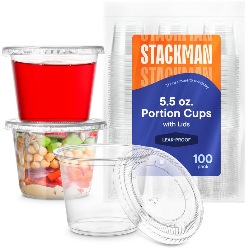 Stack Man [100 Sets - 5.5 oz.] Plastic Clear Portion Cups, Snack / Yogurt /Parfait/ Pudding / Souffle /Dessert Cups, Disposable Containers with Lids 5.5oz. - Image 1